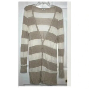 Women SPLENDID tan White Button Front V-Neck L/s Long Cardigan Sweater Sz Large